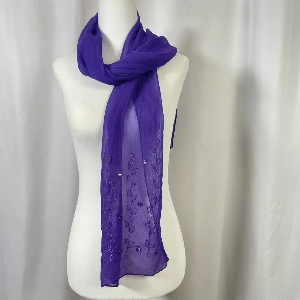 Vintage Embroidered Gauze Jewel Tone Boho Mirror Floral Scarf Shawl Elegant